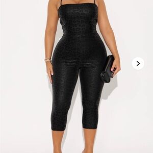 Fashion Nova Black Leopard-Print Capri Jumpsuit